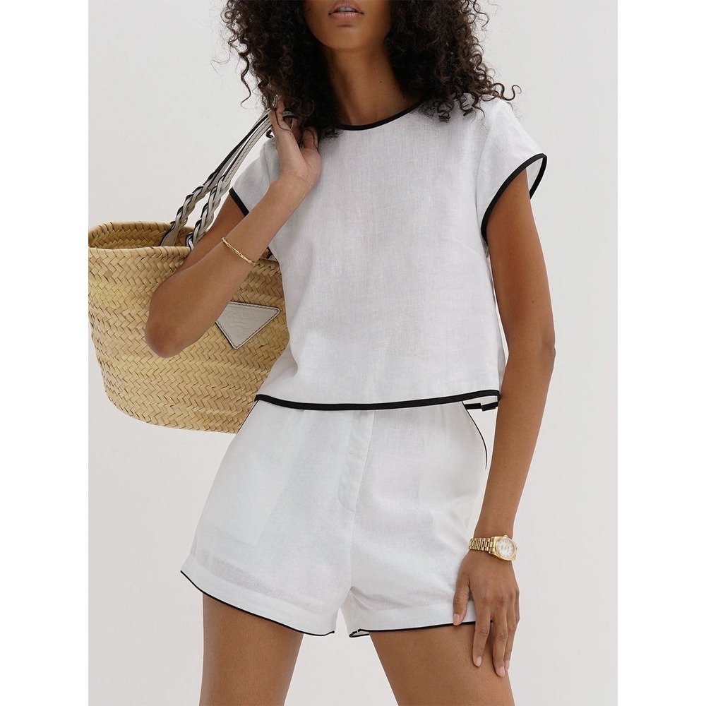 Commense Pure Cotton  Two-Piece Set White Black Trim Shorts Top Summer Outfit